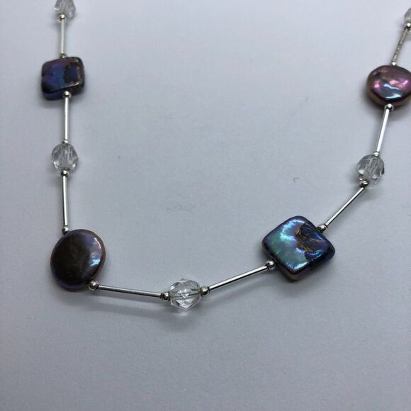 Stunning Sterling Silver, Crystal & Circle/ Square Button Pearl Vintage Necklace - Picture 2 of 7